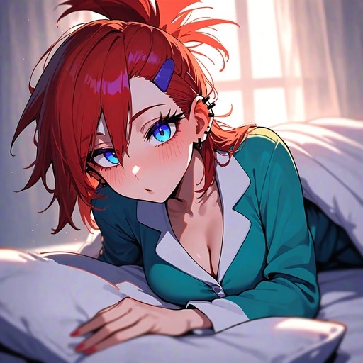 Anime illustration of Maki Zenin with red hair and blue eyes lying on a bed in teal pajamas.