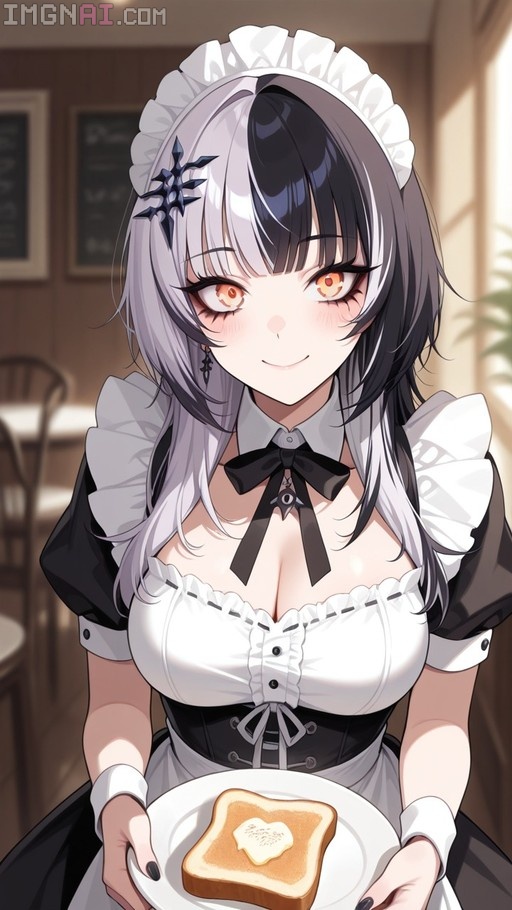 Shiori Novella in a maid outfit holding a plate of toast.