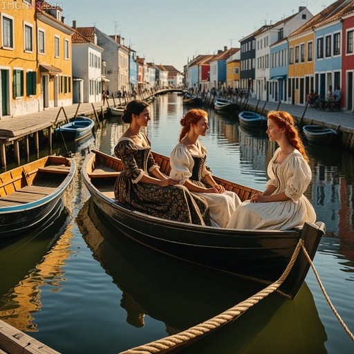 Three women in early 19th-century dresses sitting in a wooden moliceiro boat on the canals of Aveiro, Portugal, with colorful buildings in the background.