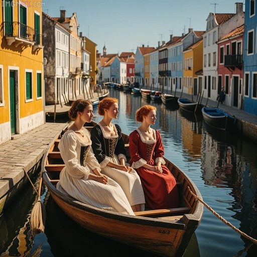 Three women in historical dresses sitting in a wooden boat on a canal in Aveiro, Portugal.