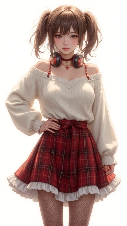 Anime-style girl with brown twin-tails wearing an off-shoulder white top, red plaid skirt, and headphones around her neck.