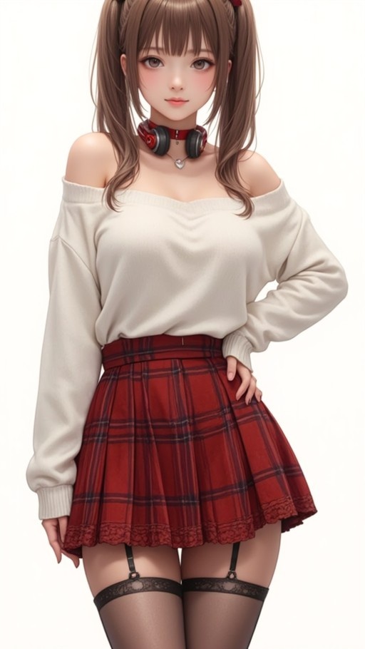 An anime-style girl with brown twintails wearing a white off-shoulder sweater, red plaid skirt, black thigh-highs with garters, and headphones around her neck.