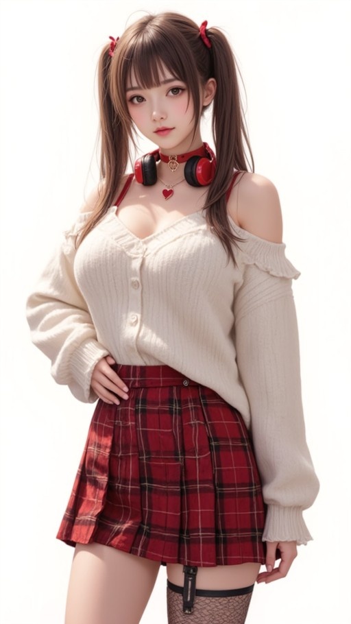 A young woman with brown twintails and red ribbons wears a white off-shoulder cardigan, a red plaid pleated skirt, and a fishnet thigh-high with garter straps. She has red headphones around her neck and a heart choker.