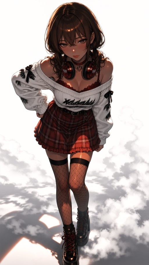 Full body anime illustration of a girl with brown hair in pigtails wearing a white off-shoulder sweater, red plaid skirt, fishnet stockings, and headphones around her neck against a cloudy sky.