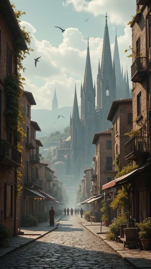 A sunlit cobblestone street in a European town leads toward towering Gothic cathedral spires under a cloudy blue sky with flying birds.