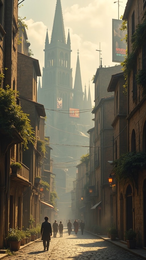People walking down a sunlit cobblestone street toward a large cathedral in the distance.