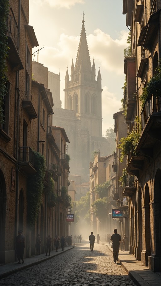 A narrow cobblestone street lined with historic buildings leads toward a large cathedral spire shrouded in mist, with pedestrians walking in the warm sunlight.