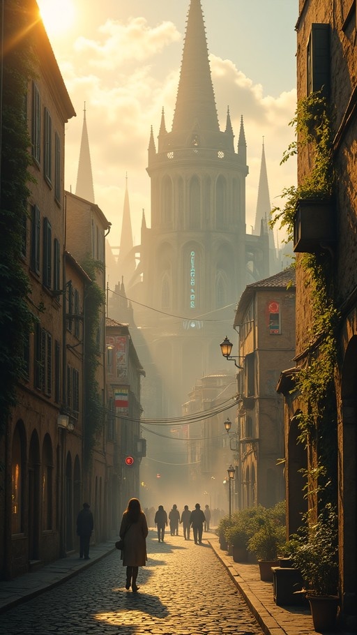 Pedestrians walk along a sunlit cobblestone street lined with ivy-covered buildings toward a towering gothic cathedral spire.