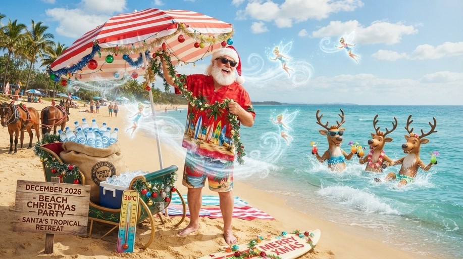 Santa Claus in a Hawaiian shirt and sunglasses stands on a sandy beach holding a garland, with three reindeer swimming in the ocean nearby and fairies flying around under a red and white umbrella.