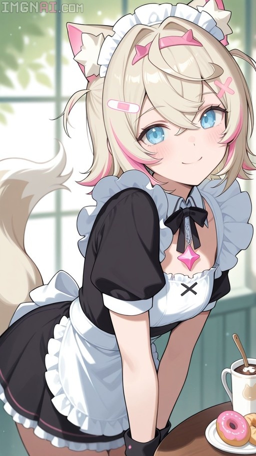 An anime girl with blonde hair and animal ears wearing a black and white maid outfit smiles next to a table holding a pink donut and coffee cup.