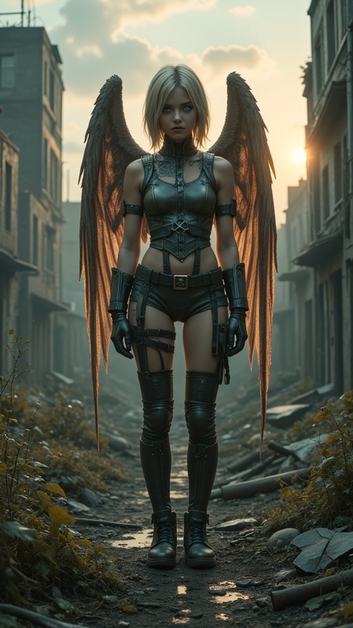 A blonde woman with large dark wings stands in a ruined city street wearing black leather gear at sunset.