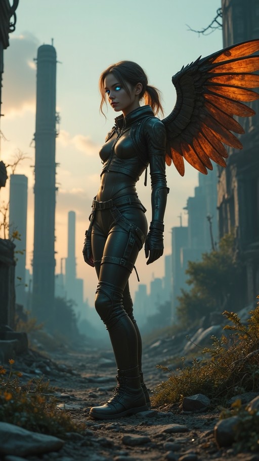 A winged woman with glowing blue eyes stands in a ruined city wearing black leather.
