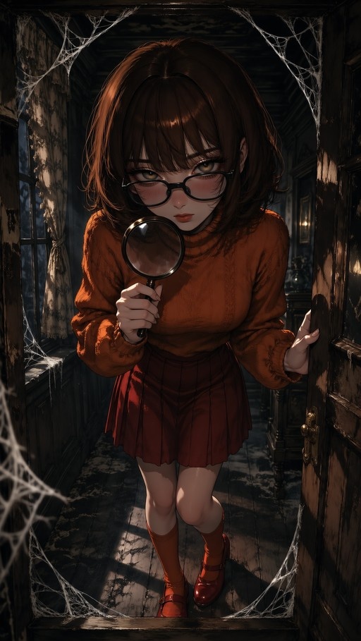Velma Dinkley holding a magnifying glass in a dark hallway with spider webs