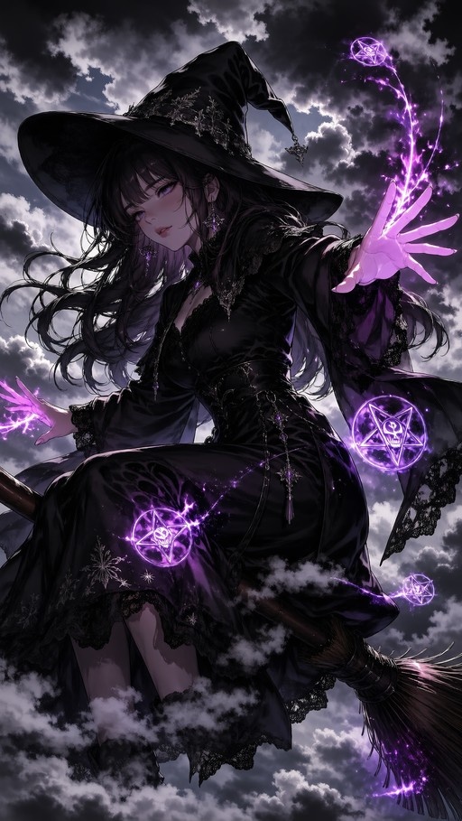 Anime witch in a black hat and dress riding a broomstick through clouds while casting purple magic surrounded by skull pentagrams.