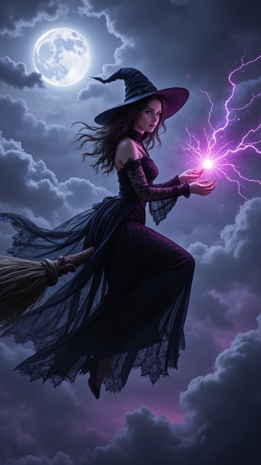A witch in a black lace dress and pointed hat flies on a broomstick, conjuring purple lightning against a cloudy night sky with a large full moon.