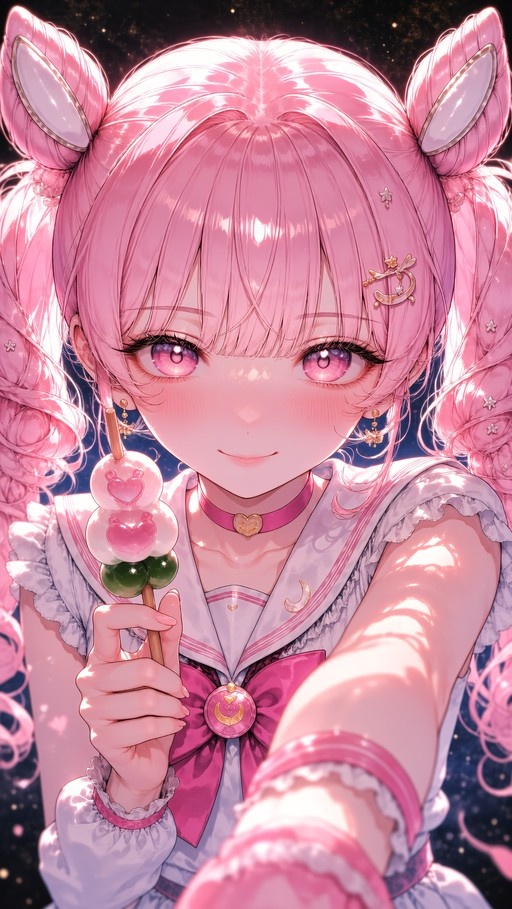 A pink-haired anime girl with twin drills holds a skewer of dango with heart-shaped dumplings, wearing a white and pink magical girl outfit with a sailor collar against a starry background.