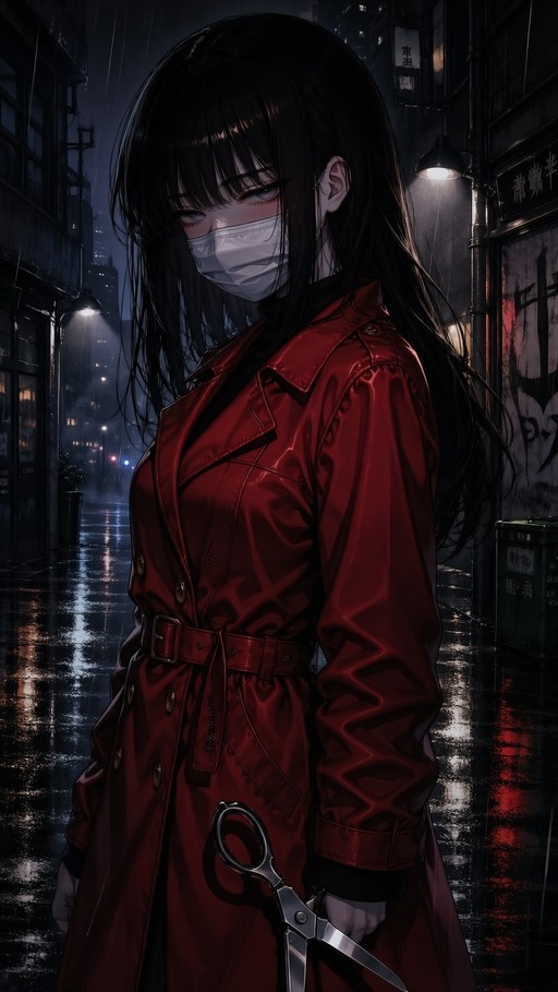An anime-style illustration of a masked woman in a red trench coat holding scissors in a rainy city alley at night.