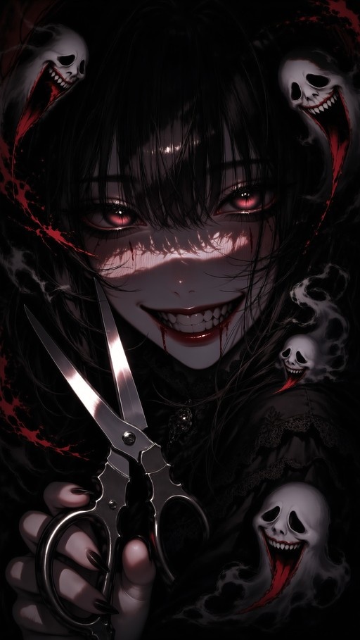 A close-up of a smiling anime girl with black hair and red eyes holding large silver scissors, surrounded by floating skulls with long tongues against a dark background.