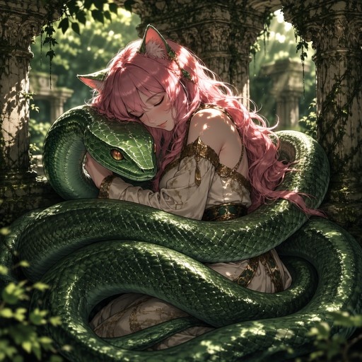 A pink-haired anime girl with animal ears rests peacefully against a large coiled green snake amidst ancient, vine-covered stone pillars.