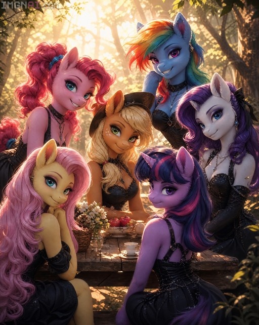 Six colorful anthropomorphic pony girls in black dresses sit around a wooden picnic table in a sunny forest, smiling at the viewer.