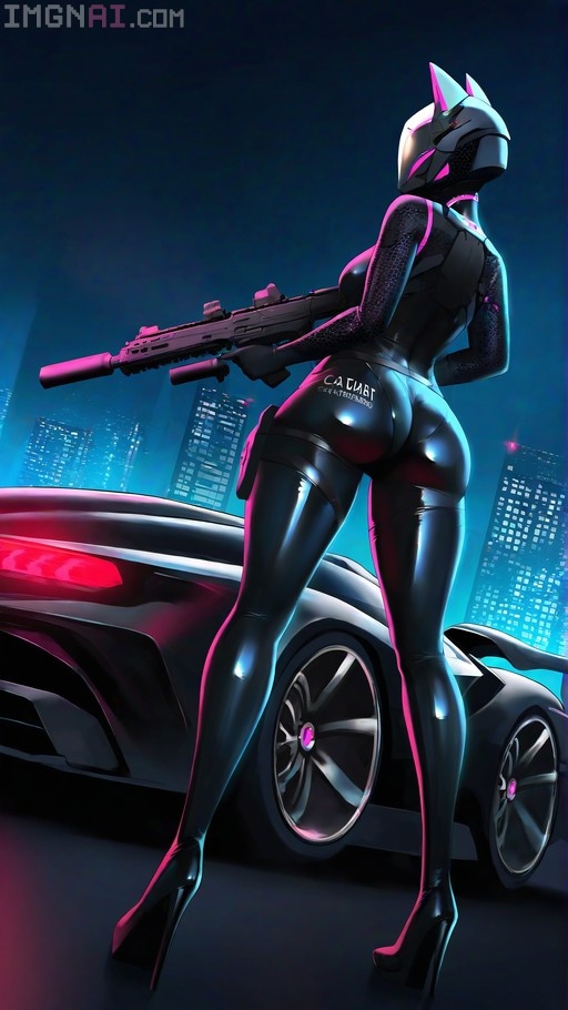 A rear view of Sade Abyss wearing a cat helmet and shiny black bodysuit holding a rifle next to a car at night.