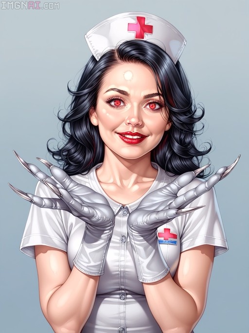 A smiling woman with long black hair and glowing red eyes wears a white nurse's cap and uniform while holding up her hands to reveal long silver metal claws on grey gloves.