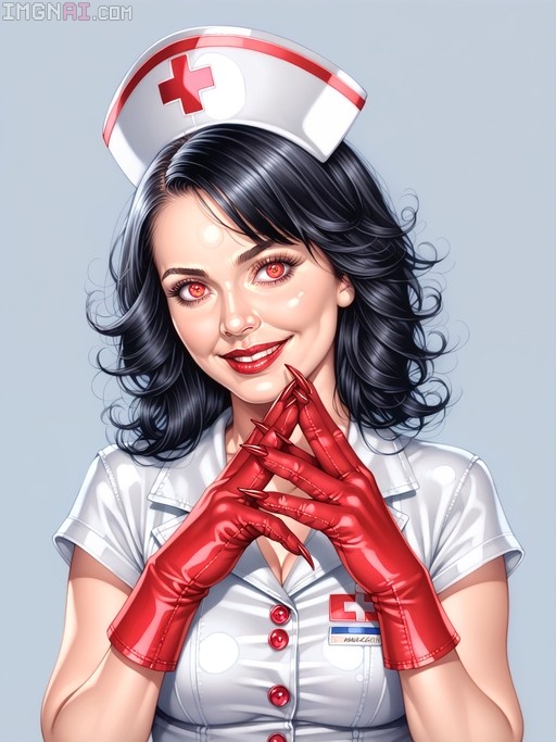 A digital portrait of a smiling female nurse with wavy black hair and glowing red eyes, wearing a white uniform and shiny red latex gloves with long claws.