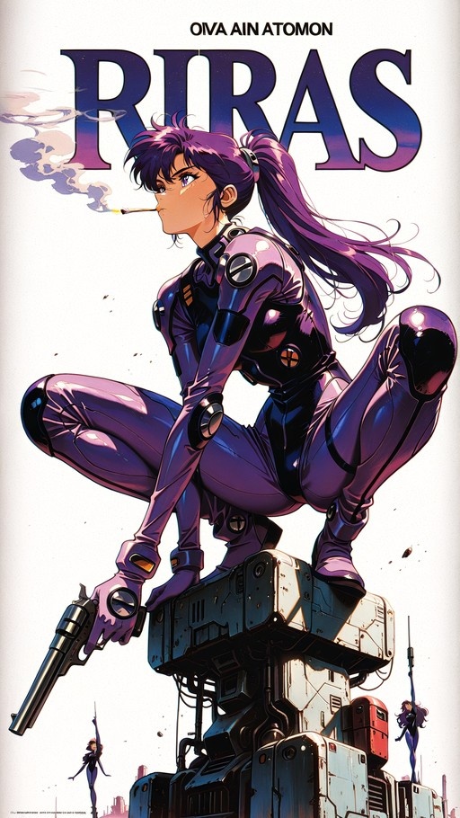 Iria from Zeiram the Animation crouching on machinery with a gun and cigarette