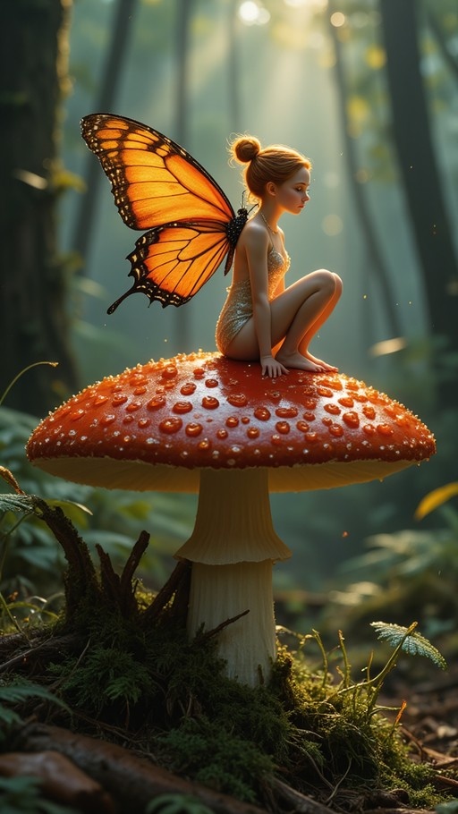 Fairy with orange butterfly wings sitting on a large red mushroom in a forest.