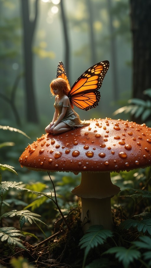 A digital illustration of a small fairy with orange hair and monarch butterfly wings sitting on top of a large red mushroom covered in water droplets in a forest.