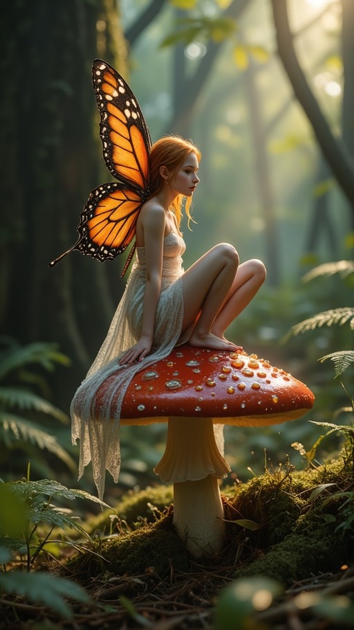 A red-haired fairy with large orange and black butterfly wings sits on a giant red mushroom in a sunlit forest.