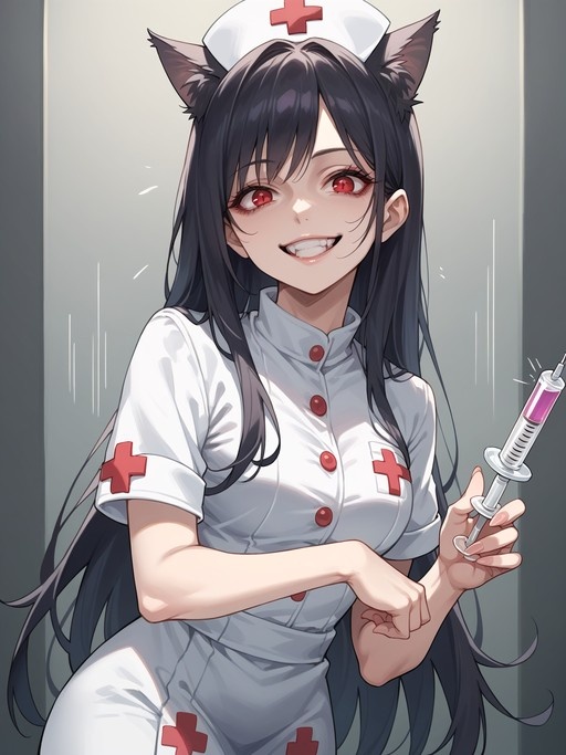 An anime-style cat-eared nurse with black hair and red eyes smiling while holding a large syringe filled with pink liquid.