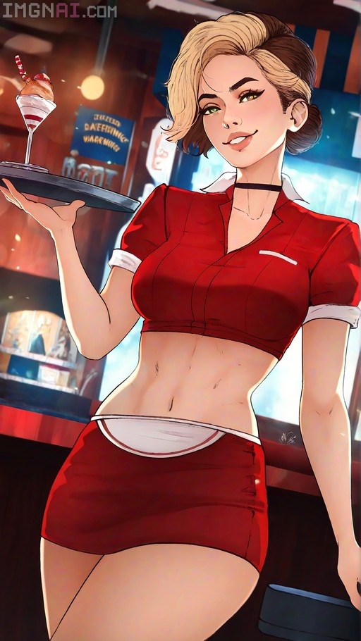 A stylized illustration of a smiling waitress in a red uniform holding a tray with a sundae in a retro diner setting.