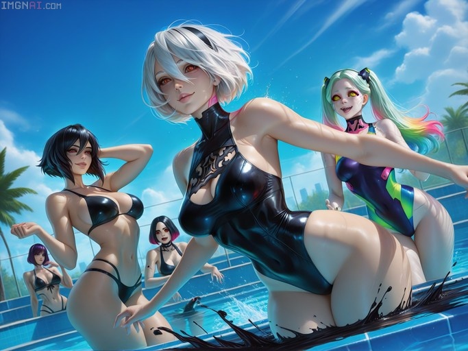 Anime characters 2B, Kusanagi Motoko, and Lucy in swimsuits splashing in a pool with black oil.
