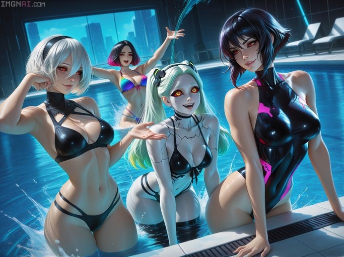 Four anime-style women in swimsuits posing in a swimming pool with a futuristic city view, including characters resembling 2B and Rebecca.