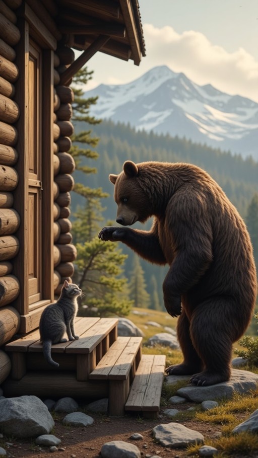 A large brown bear standing next to a small grey cat on the steps of a wooden cabin with mountains in the background.