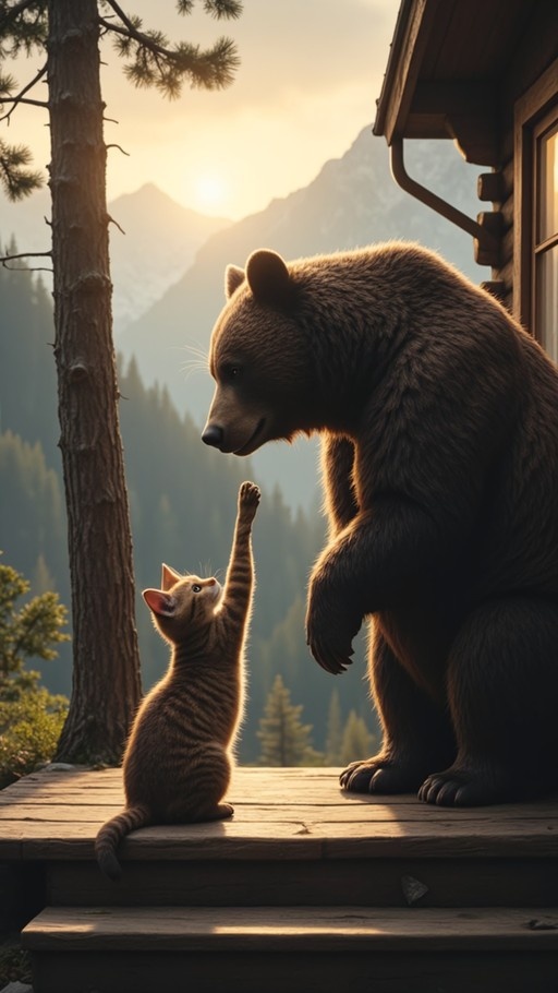 A large brown bear looking down at a small orange tabby kitten reaching up to touch its nose on a wooden deck with mountains in the background.