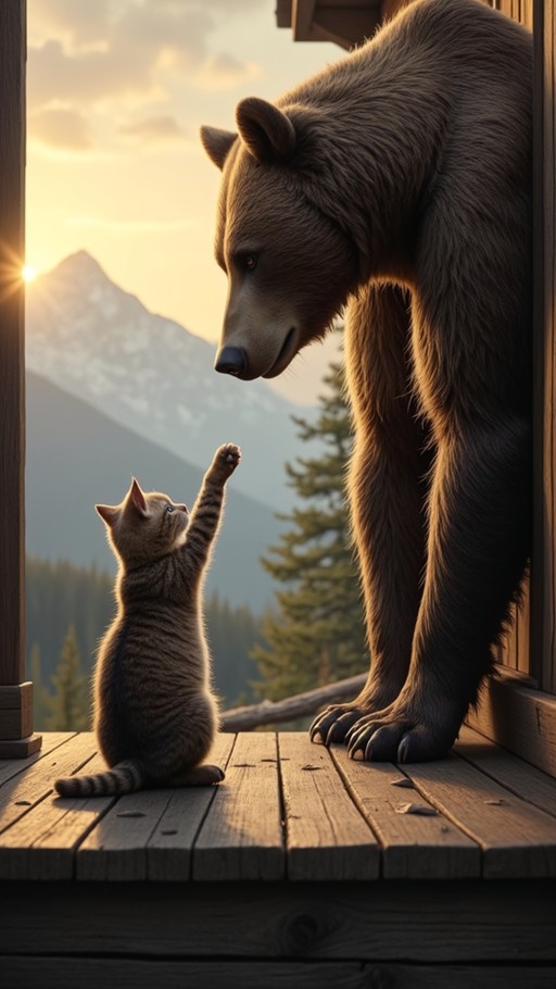 A small tabby kitten stands on a wooden porch reaching up to touch the nose of a large brown bear against a mountain sunset backdrop.