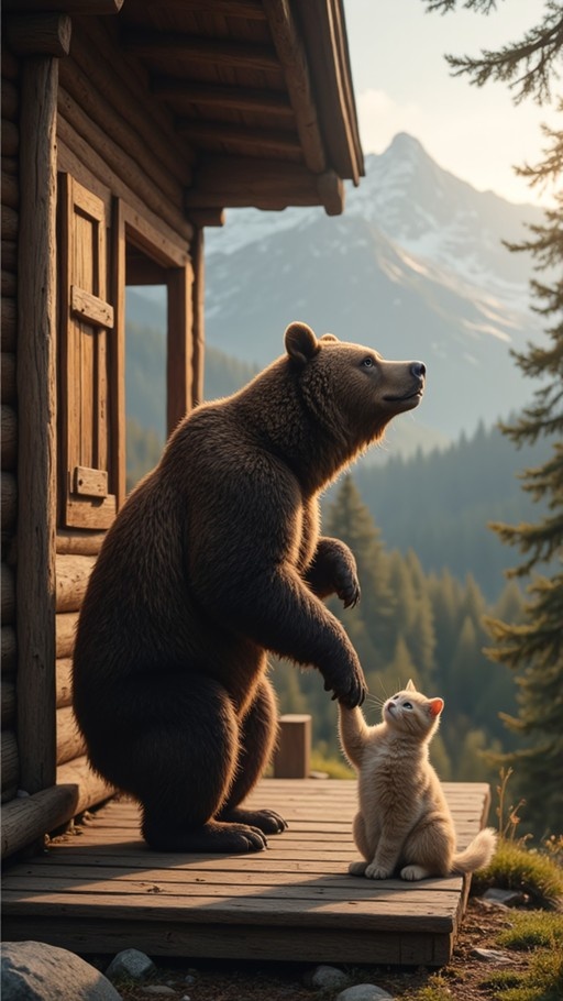 A large brown bear sitting on a wooden porch holds the paw of a small orange cat, with snowy mountains in the background.