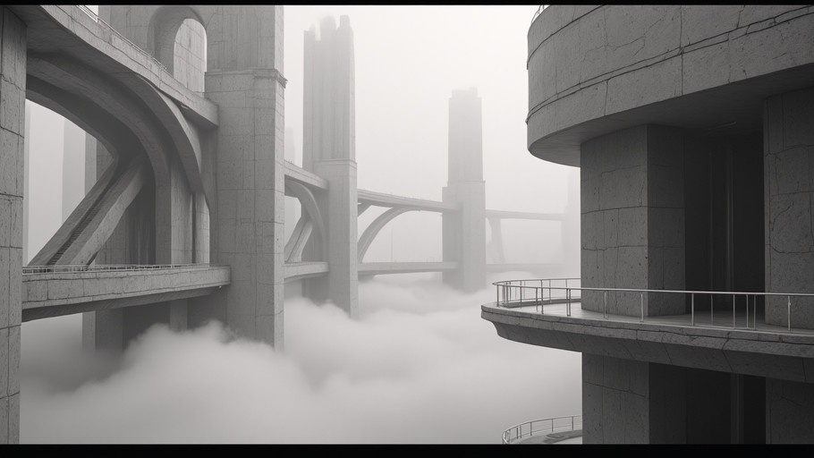 Monochrome digital art showing massive brutalist concrete bridges and towers emerging from thick fog.