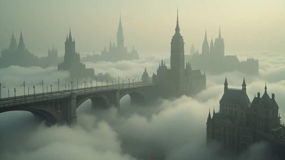 A wide shot of a large arched stone bridge in the foreground with street lamps, leading towards a silhouette of a gothic city with tall spires and towers emerging from thick white fog.