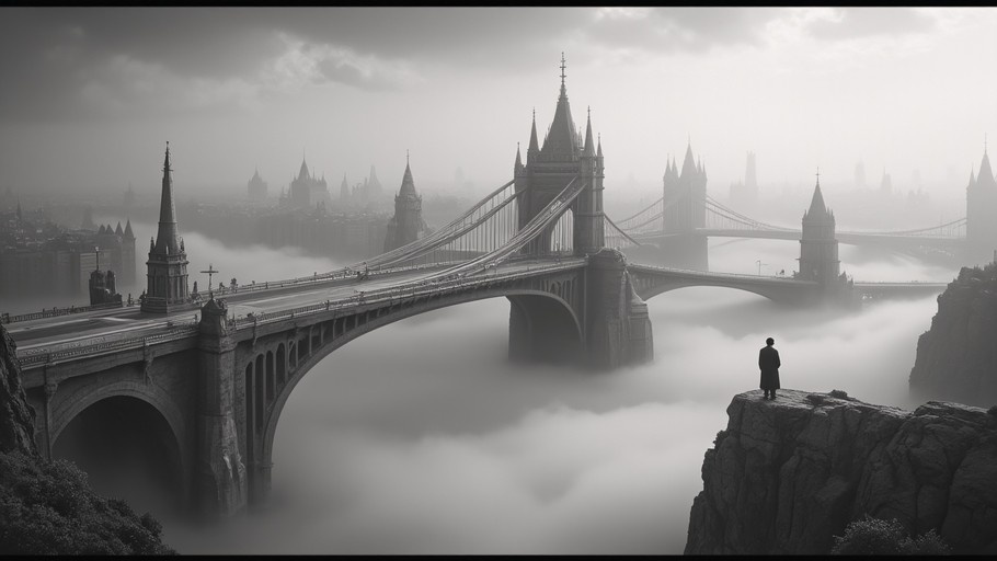A monochrome digital artwork showing a lone figure standing on a cliff overlooking a large, gothic-style bridge shrouded in fog.
