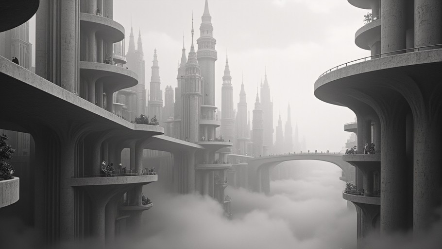 Monochrome digital art depicting a massive architectural complex with curved concrete balconies and towering fantasy spires emerging from a thick layer of mist.
