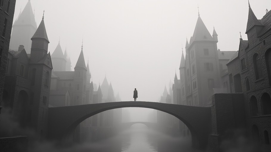 A solitary figure stands on a stone arch bridge over a river in a foggy city with tall spired buildings.