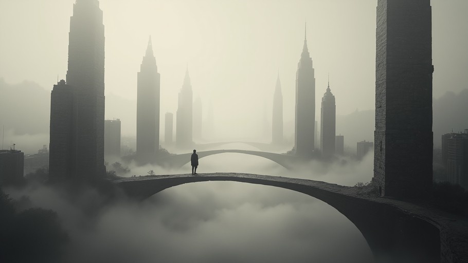 A solitary person stands on a stone arch bridge looking out at a foggy cityscape with tall skyscrapers in the background.