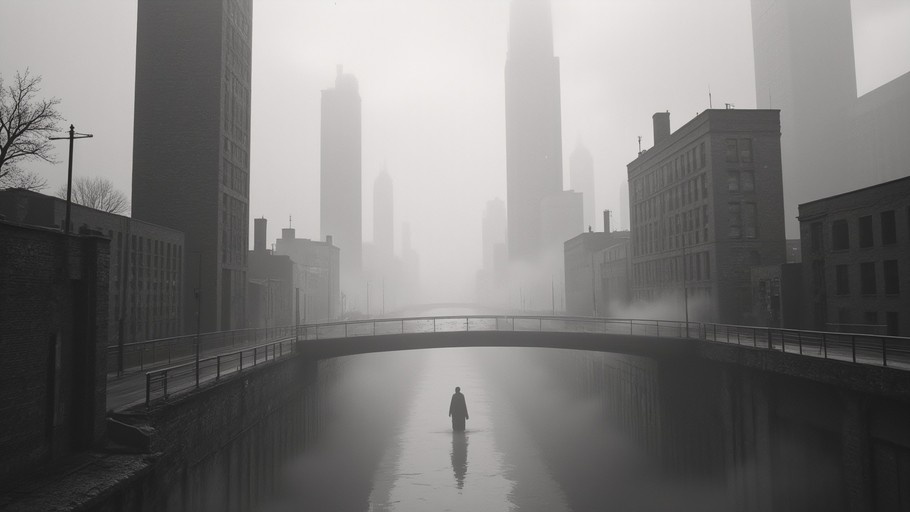 A lone figure stands in waist-deep water on a flooded city street, with tall buildings and a bridge visible through thick fog.