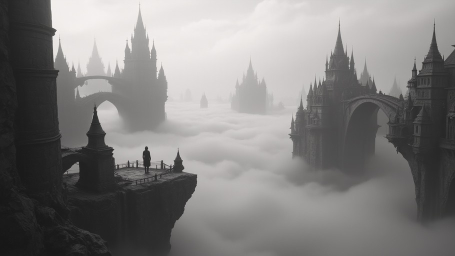 A solitary figure stands on a rocky outcrop overlooking a vast sea of clouds with towering gothic castles and bridges rising in the distance, rendered in monochrome.