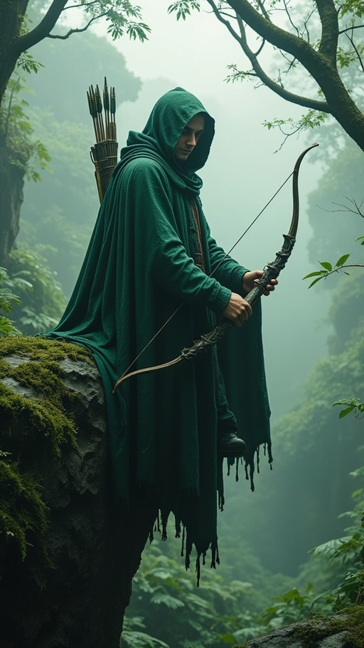 A hooded fantasy archer wearing a green cloak stands on a moss-covered rock in a foggy forest, holding a bow with arrows in a quiver on his back.
