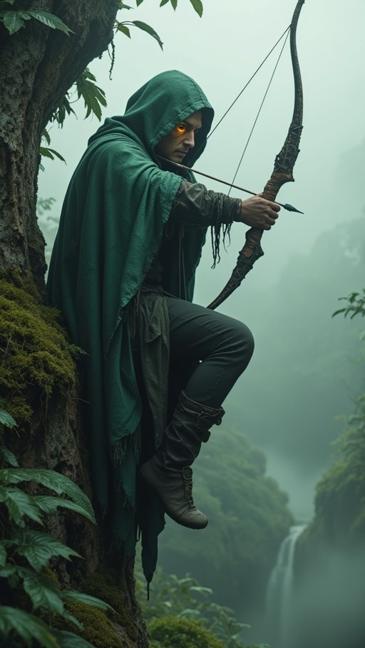 A fantasy archer in a green hooded cloak perches on a tree branch aiming a bow with glowing orange eyes against a misty forest backdrop.