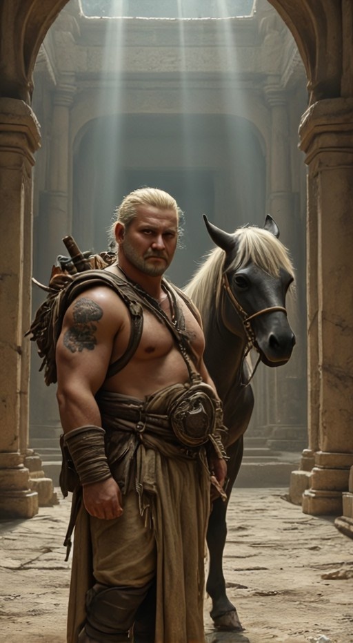 A shirtless muscular man with a beard and tattoos stands next to a dark horse in an ancient stone hall with sunlight streaming through the ceiling.